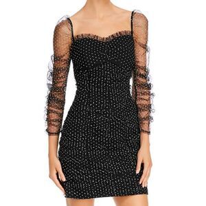 Endless Rose Black Polka Dot Puff-Sleeve Ruched Mesh Mini Dress‎ Size Small, NWT